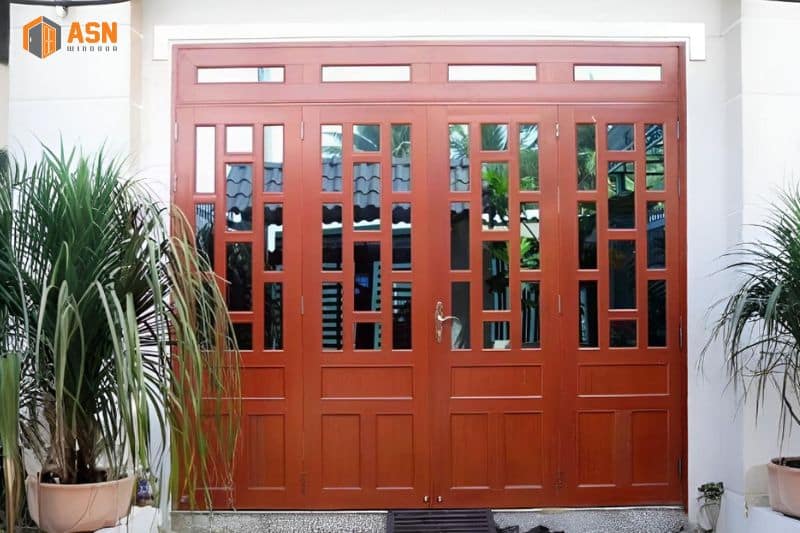mẫu cửa nhôm kính 4 cánh vân gỗ