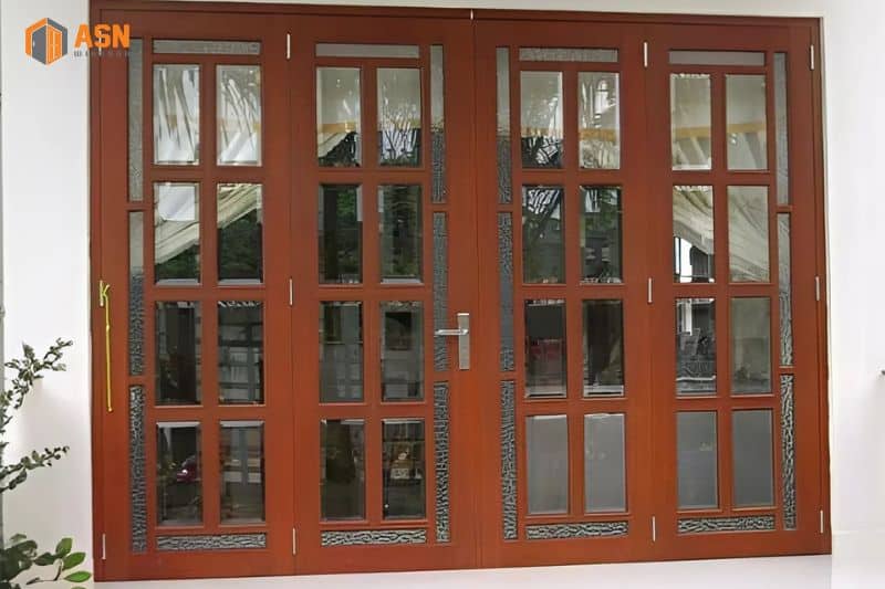 mẫu cửa nhôm kính 4 cánh vân gỗ