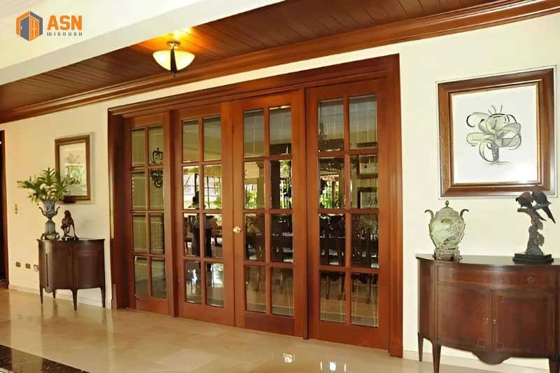 mẫu cửa nhôm kính 4 cánh vân gỗ