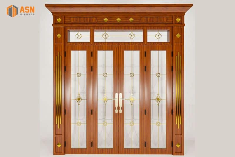 mẫu cửa nhôm kính 4 cánh vân gỗ