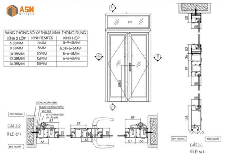 kích thước cửa đi 2 cánh nhôm Xingfa