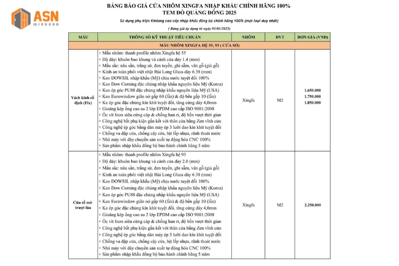 báo giá cửa nhôm Xingfa