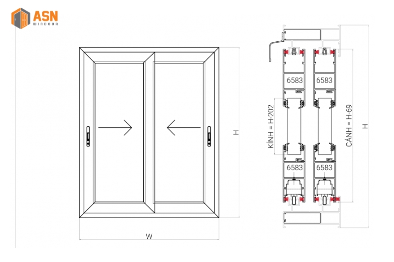 Cửa sổ lùa 2 cánh nhôm Xingfa